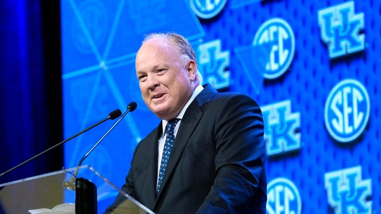 Kentucky head football coach Mark Stoops speaks during the Southeastern...