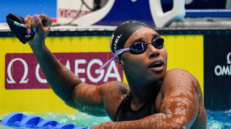 Simone Manuel reacts after the Women's 50 freestyle finals Sunday,...