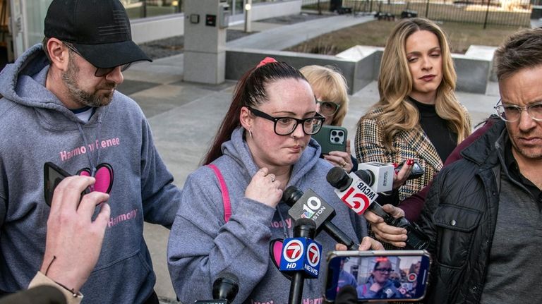 Crystal Sorey, Harmony Montgomery's biological mother, speaks with the media...