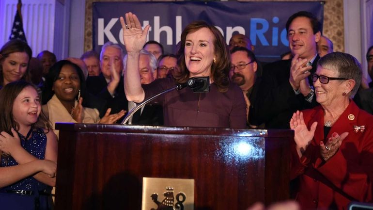 Democrat Kathleen Rice speaks to supporters at the Garden City...