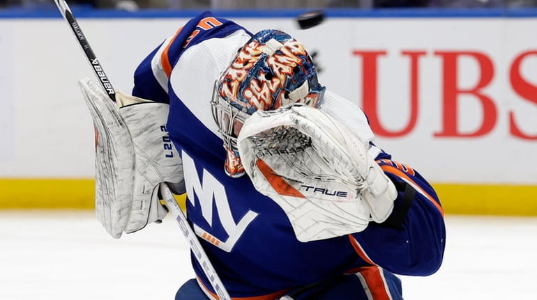 Semyon Varlamov of the Islanders makes a save during the second...
