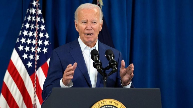 President Joe Biden speaks, Saturday, July 13, 2024, in Rehoboth...