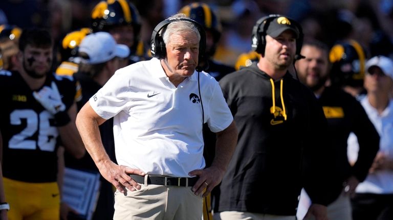 Iowa head coach Kirk Ferentz watches from the sideline during...