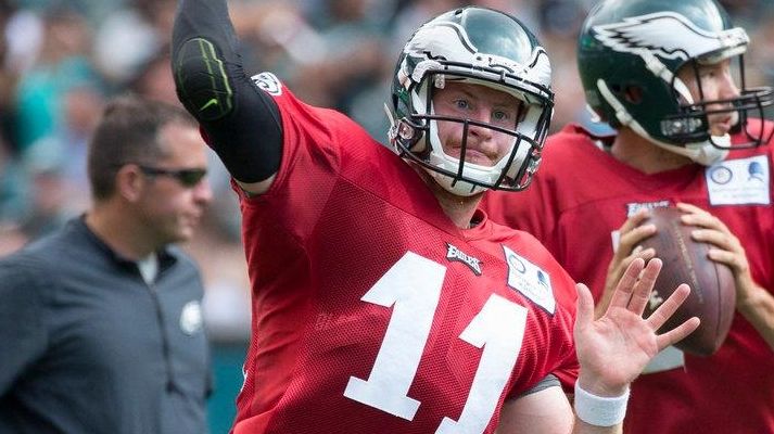 Philadelphia Eagles quarterback Carson Wentz, left, throws the ball with...