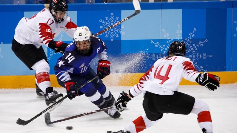 Brianna Decker (14), of the United States, skates with the...