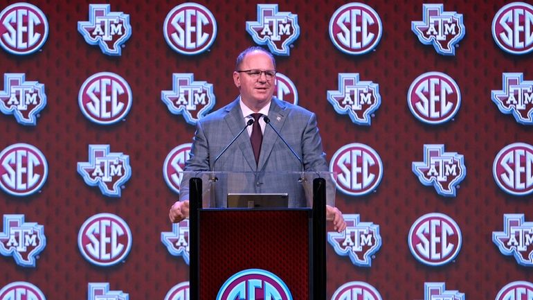 Texas A&M head coach Mike Elko speaks during Southeastern Conference...