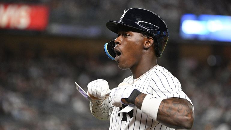 Yankees third baseman Jazz Chisholm Jr. reacts after lining out...