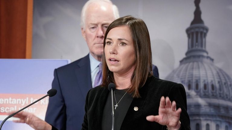 Sen. Katie Britt, R-Ala., speaks to the media during a...