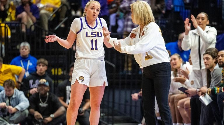 LSU guard Hailey Van Lith (11) talks with coach Kim...