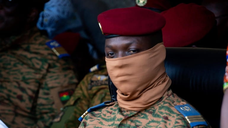 Burkina Faso coup leader Capt. Ibrahim Traore participates in a...