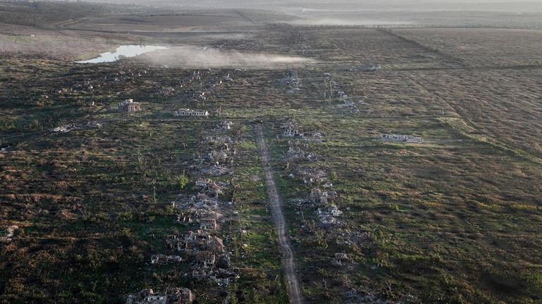 Houses destroyed during the fighting between Russian and Ukrainian armed...