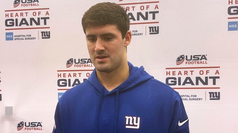 Giants quarterback Daniel Jones speaks with the media about his...