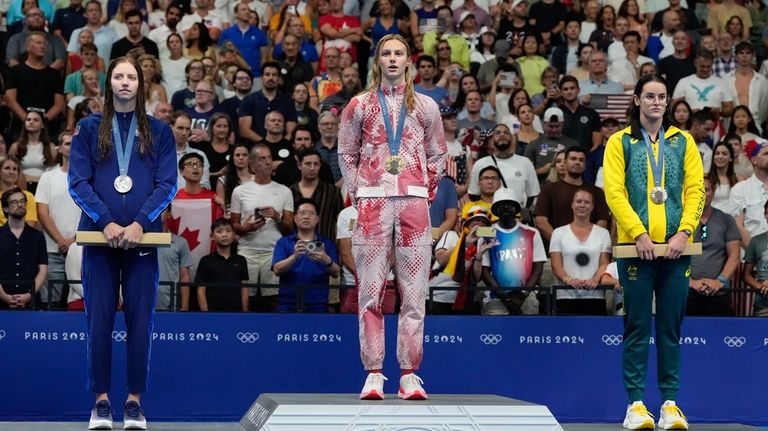 United States' Kate Douglass, Canada's Summer Mcintosh and Australia's Kaylee...