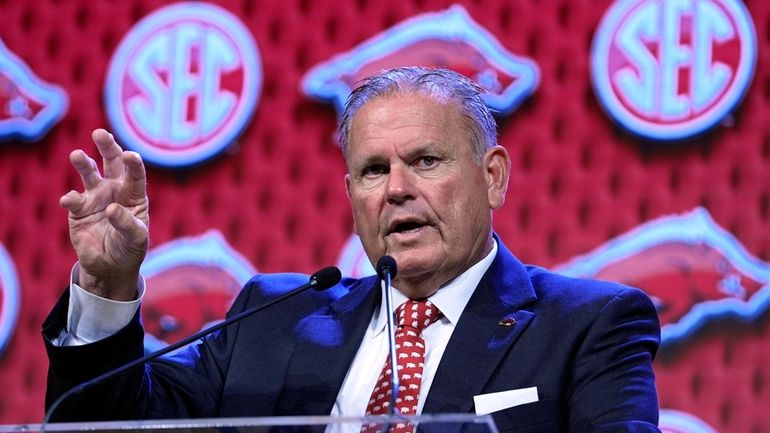 Arkansas head football coach Sam Pittman speaks during the Southeastern...