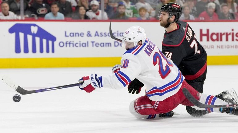 Chris Kreider #20 of the Rangers shoots the puck against Jaccob...