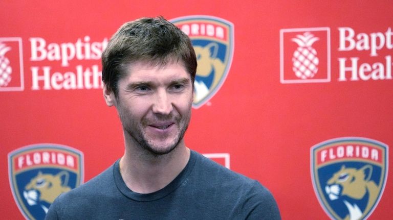 Florida Panthers goalkeeper Sergei Bobrovsky speaks during NHL hockey media...