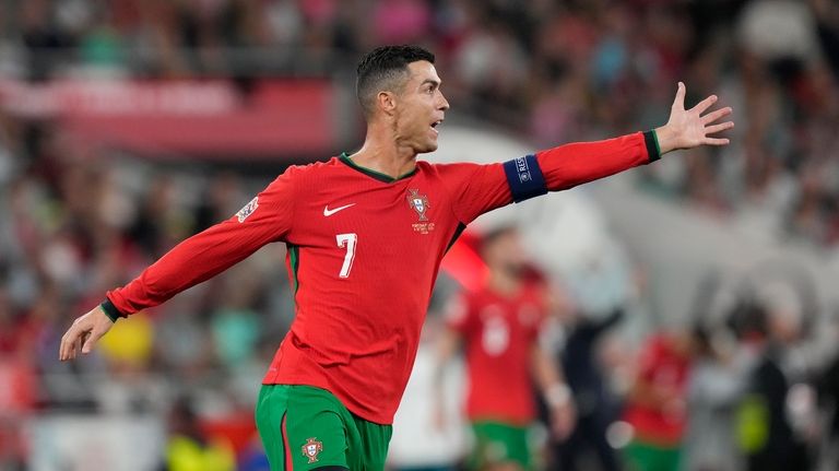 Portugal's Cristiano Ronaldo gestures during the UEFA Nations League soccer...