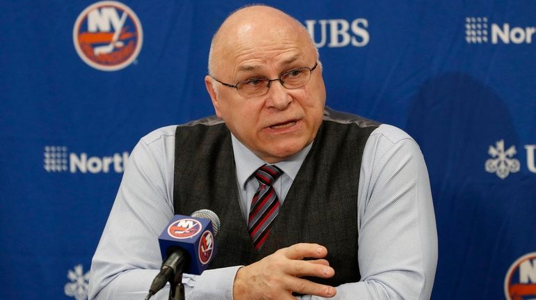 Islanders head coach Barry Trotz speaks to the media prior to...