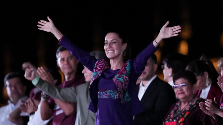 President-elect Claudia Sheinbaum addresses supporters at the Zocalo, Mexico City's...