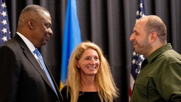 US Defense Secretary Lloyd Austin, left, and Rustem Umerov, Ukraine's...