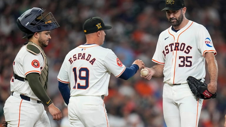 Houston Astros starting pitcher Justin Verlander (35) is removed from...