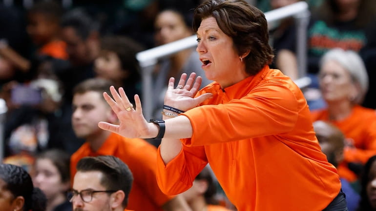 FILE - Miami head coach Katie Meier yells during the...