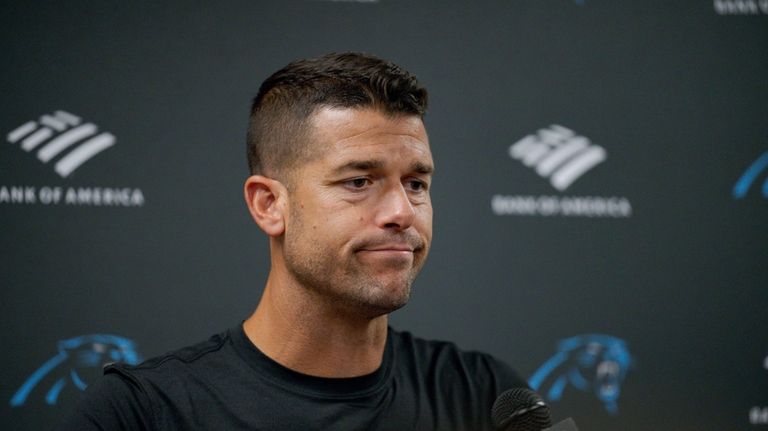 Carolina Panthers head coach Dave Canales reacts after his team's...