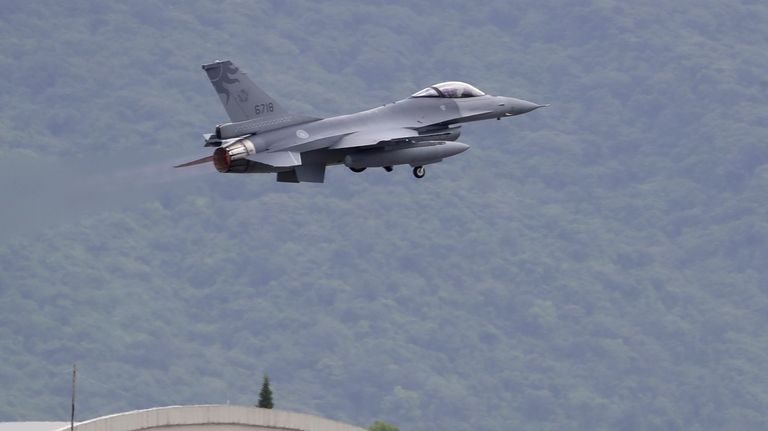 An air force F-16V fighter aircraft takes off during the...