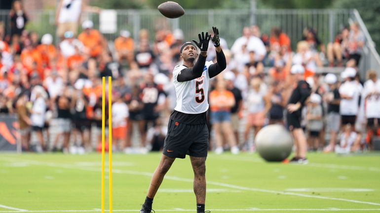 Cincinnati Bengals wide receiver Tee Higgins (5) catches a pass...