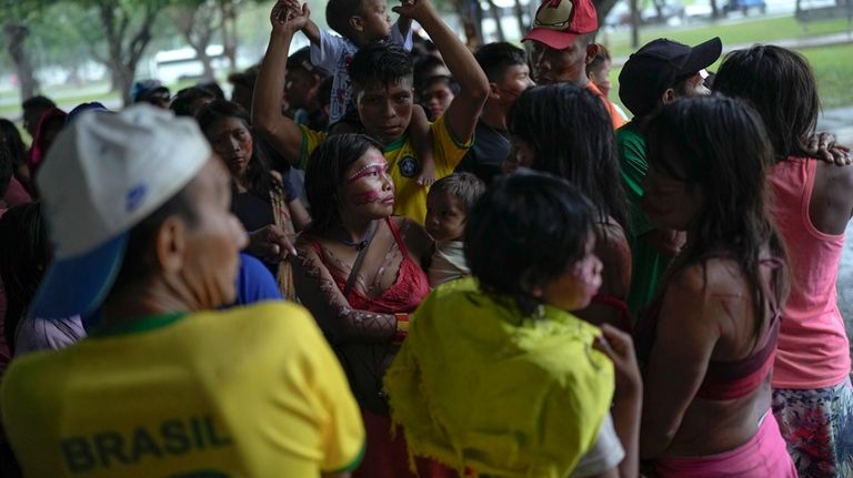 Yanomami Indigenous attend an event related to the annual Free...