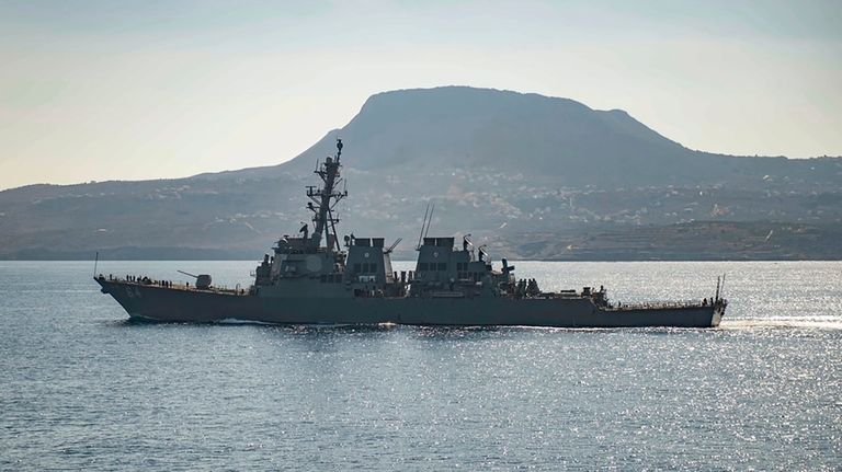 The guided-missile destroyer USS Carney in Souda Bay, Greece. The...