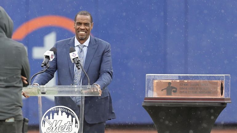 Dwight Gooden speaks during his jersey retirement ceremony prior to...