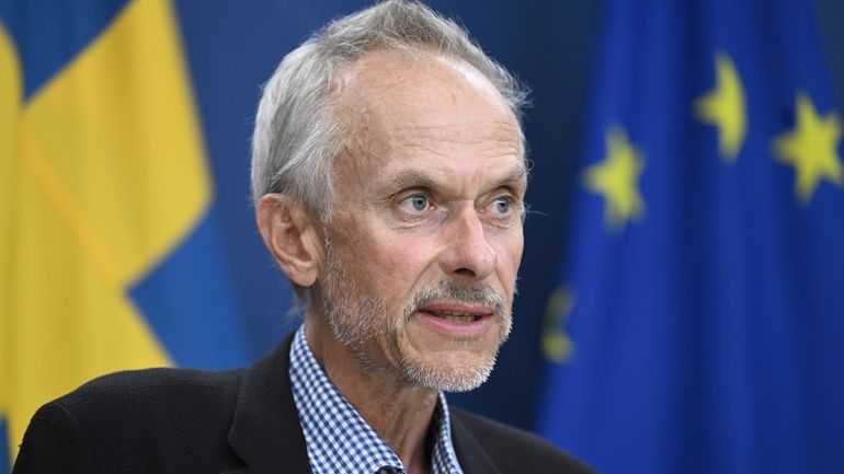 State epidemiologist Magnus Gisslén speaks during a press conference with...