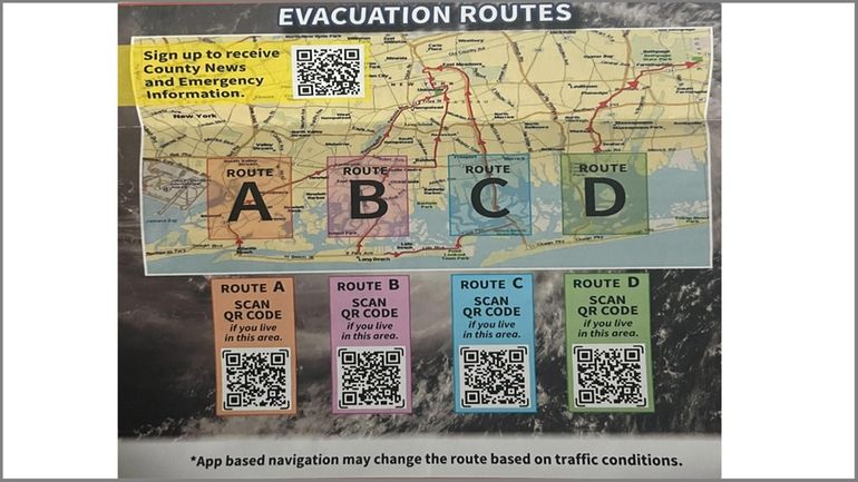 A Nassau County flyer shows hurricane evacuation routes and zones.