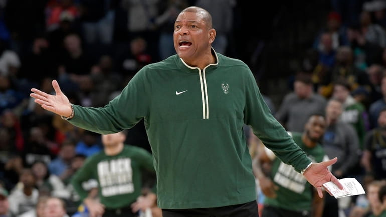 Milwaukee Bucks head coach Doc Rivers reacts in the second...