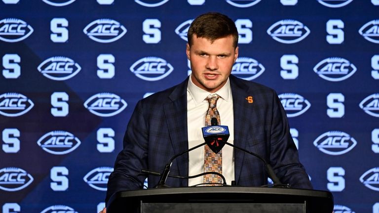 Syracuse quarterback Kyle McCord speaks during the Atlantic Coast Conference...