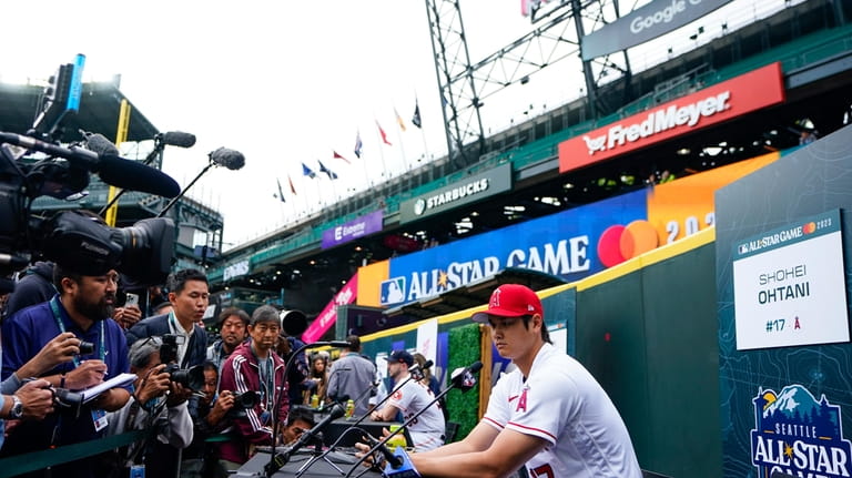 American League's Shohei Ohtani, of the Los Angeles Angels, speaks...