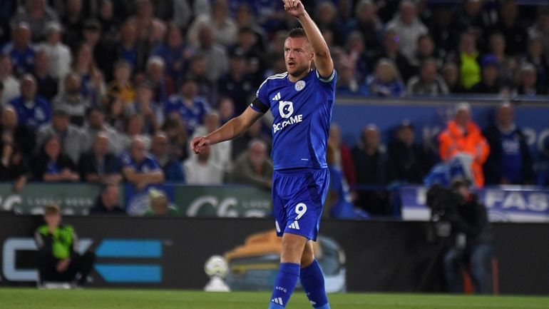 Leicester's Jamie Vardy celebrates ascoring his side's first goal during...