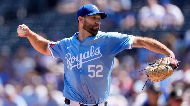 Kansas City Royals starting pitcher Michael Wacha throws during the...