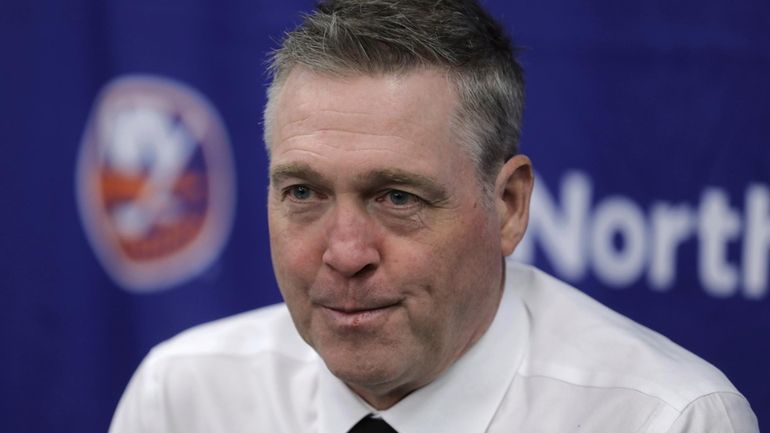 Islanders coach Patrick Roy speaks to reporters after team's 3-2...