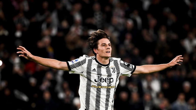 Juventus' Nicolo Fagioli celebrates after scoring the team's second goal,...