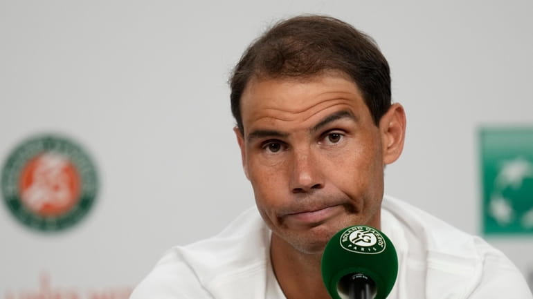Spain's Rafael Nadal, adresses the media after losing against Germany's...