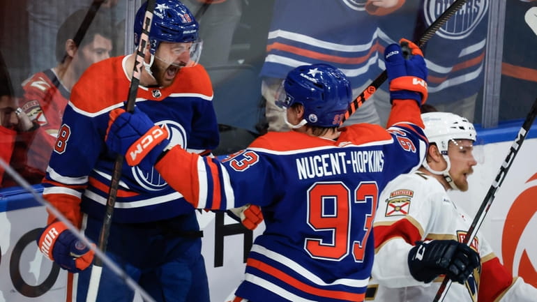 Edmonton Oilers' Zach Hyman (18) celebrates his goal against the...
