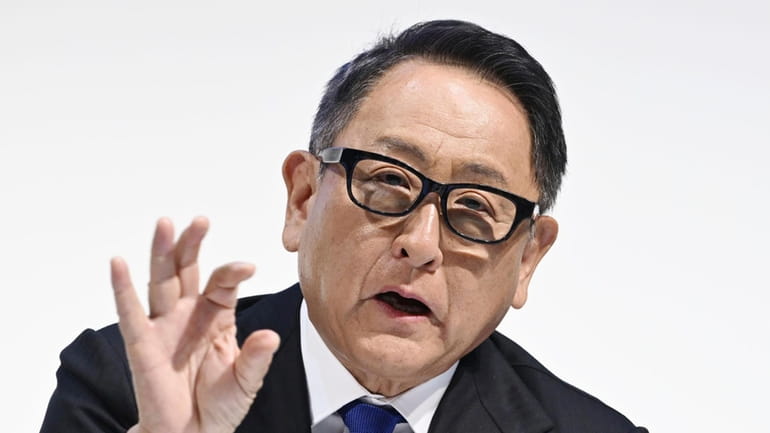 Toyota Chairman Akio Toyoda speaks during a news conference in...