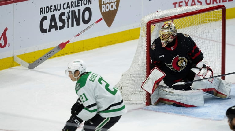 Ottawa Senators goaltender Anton Forsberg watches the play in the...