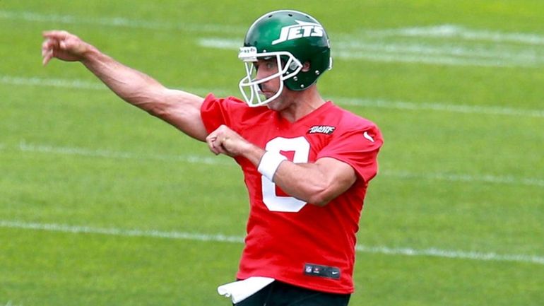 Aaron Rodgers throws during Jets training camp at the Atlantic Health...