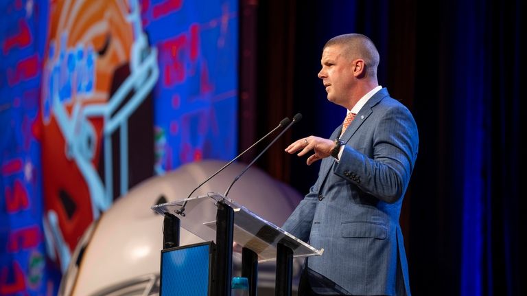 Florida head football coach Billy Napier speaks during the Southeastern...