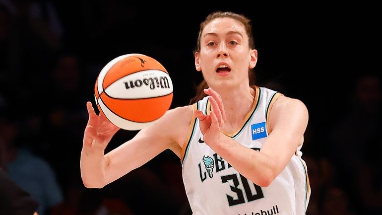 Breanna Stewart of the Liberty plays against the Los Angeles...