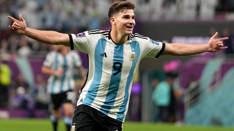 Argentina's Julian Alvarez celebrates his side's second goal during the...