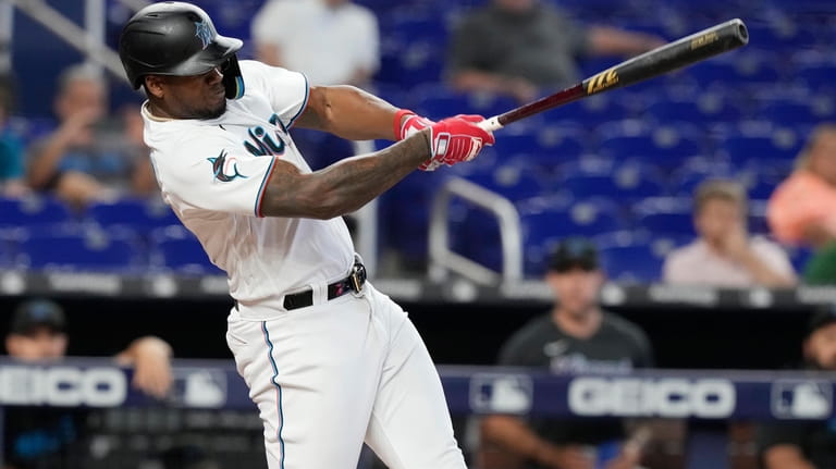 Miami Marlins Jorge Soler hits a two-run-home run during the...